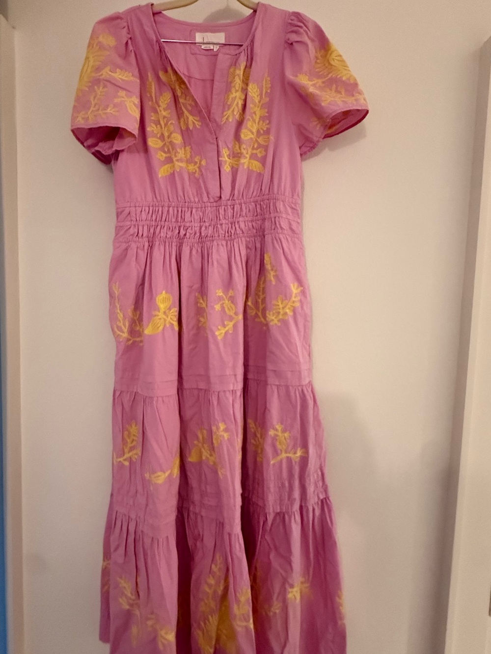 Anthropologie Pink Maxi Dress with Yellow Floral Embroidery